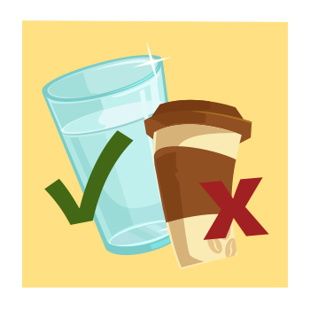 Illustration of a glass of water with a check mark and a cup of coffee with an x-mark