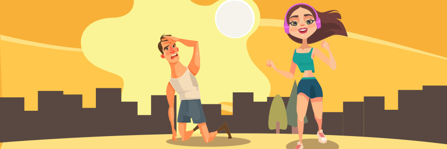 Illustration of a person running outdoors in the sun and another on their knees sweating