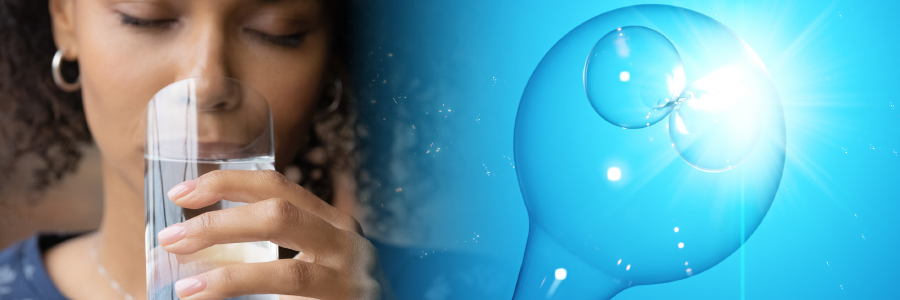 Image of person drinking water and a hydrogen molecule