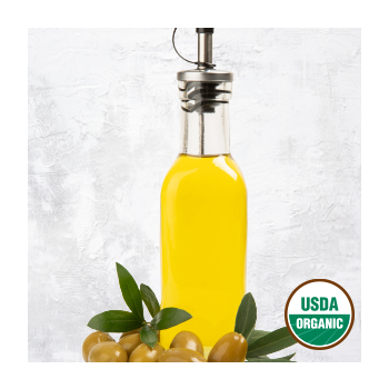 Image of Olive Oil in a dispenser, Olives, and USDA Organic Badge