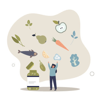 Illustration of fish, vegetables, and fruit