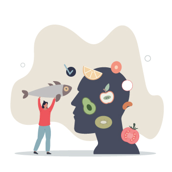 Illustration of a silhouette of a head with fruit, vegetables, and fish