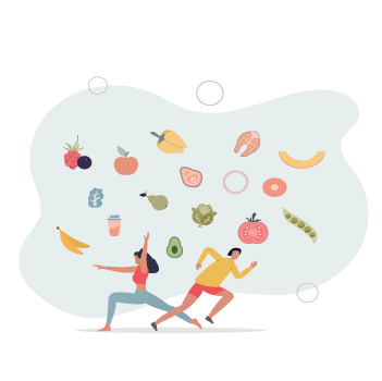 Illustration of two active people, fruit, meats, and vegetables