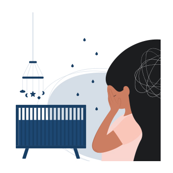 Illustration of a person crying and a baby crib