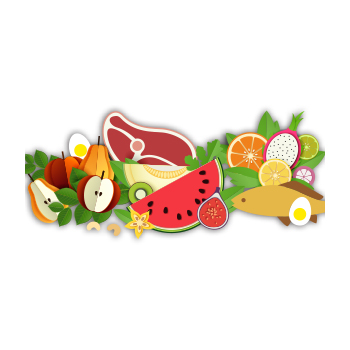 Illustrations of vegetables, fruits, and meats
