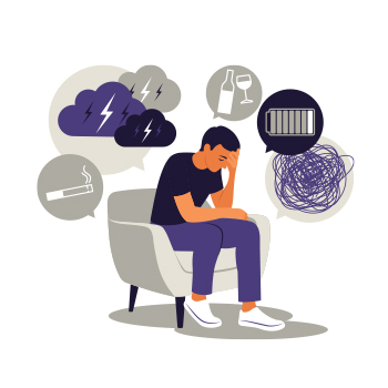 Illustration of person sitting with icons of life stressers