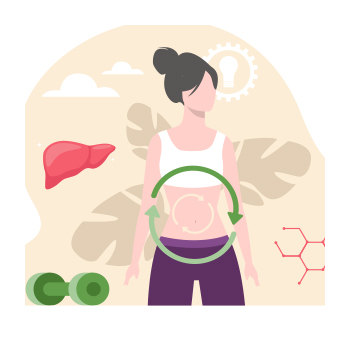 Illustration of a person with arrows in a circle around their stomach
