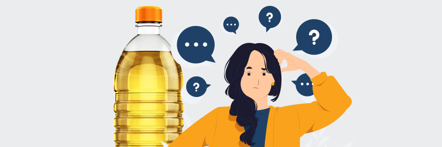 Person with question marks and a bottle of vegetable oil