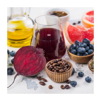Image of fruits, vegetables, olive oil, and coffee beans