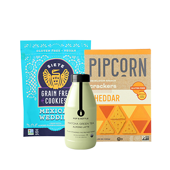 Siete Cookies, Pop & Bottle Matcha Green Tea Almond Latte, and Pipcorn Cheddar Crackers