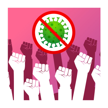 Illustration of people's fists in the air with a bacteria symbol crossed out
