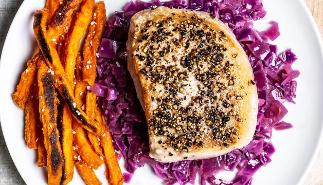 Braised Pork Chops and Red Cabbage with Sweet Potato Fries