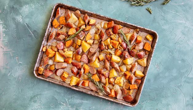 Sheet Pan Sausage with Roasted Onion, Potatoes, and Apples