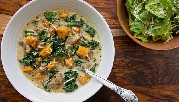 Creamy Sausage, Kale, and Gnocchi Soup Served with a Simple Salad