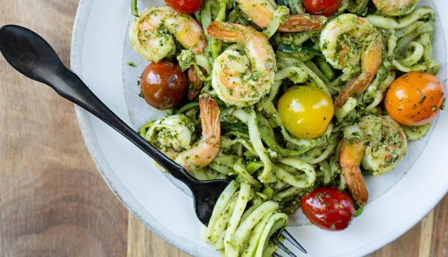 Natural Grocers Zoodles With Lemon Parsley Pesto, Tomatoes, And Shrimp