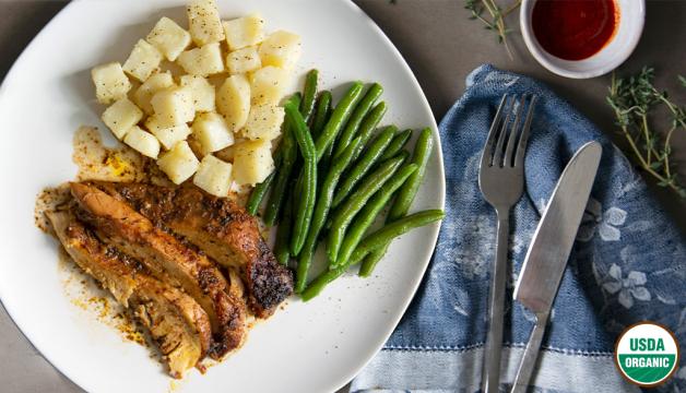 Natural Grocers Organic Slow Cooker Cajun Spiced Chicken Served with Potatoes and Green Beans