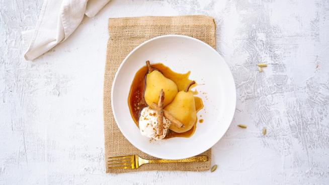 Chai Spice Poached Pears with Cinnamon Whipped Cream 