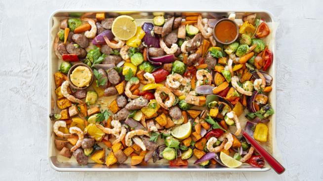 Sausage, Shrimp & Veggie Sheet Pan Dinner