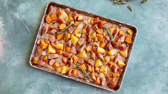 Sheet Pan Sausage with Roasted Onion, Potatoes, and Apples
