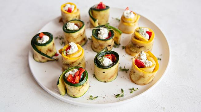 Grilled Zucchini and Summer Squash Roll Ups with Goat Cheese