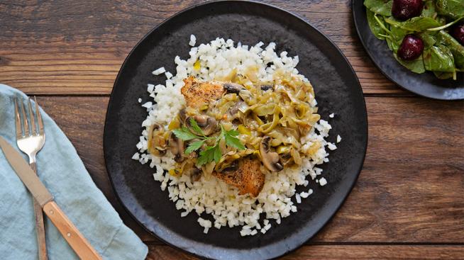 Natural Grocers Chicken with Leek and Mushroom Sauce Served Over Cauliflower Rice with a Simple Greens and Beet Salad