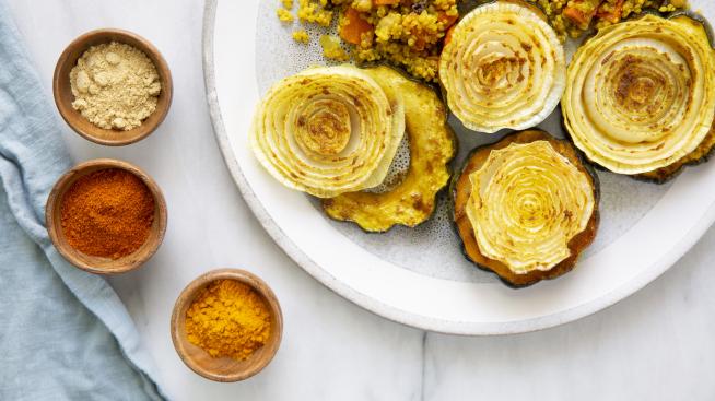 Moroccan Inspired Roasted Acorn Squash and Onions Recipe