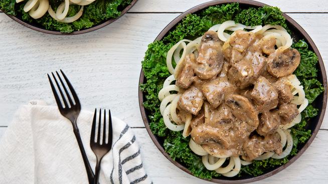 Potato Noodle Beef Stroganoff Served with Greens