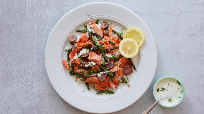 Salmon Salad with Roasted Potatoes, Asparagus, and Horseradish Dill Sauce