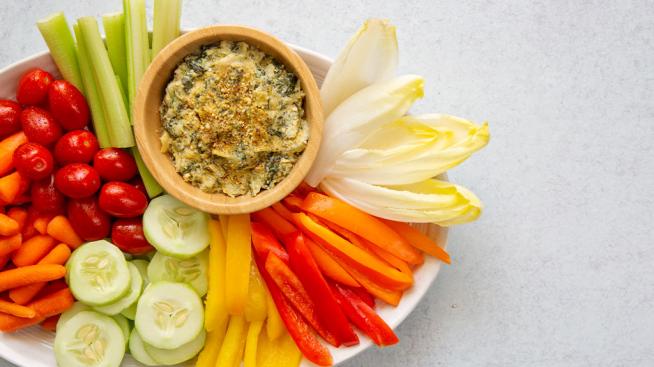 Vegan Spinach Artichoke Dip Served with an Organic Crudité Platter