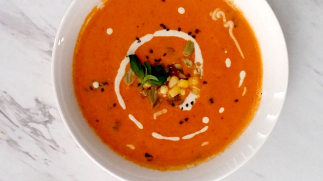 Vegan Roasted Red Pepper Soup with Smokey Cashew Cream Recipe